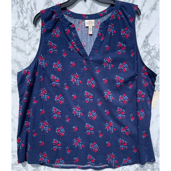 St Johns Bay Womens Sleeveless Navy Floral Blouse 2X 55% Cotton 45% Rayon - Picture 1 of 5